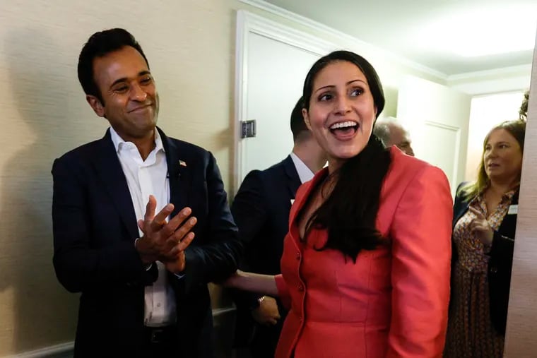 Vivek Ramaswamy and Republican congressional candidate Maria Montero greet supporters at a fundraiser at the Penn Harris Hotel in Camp Hill, on Friday, April 5.