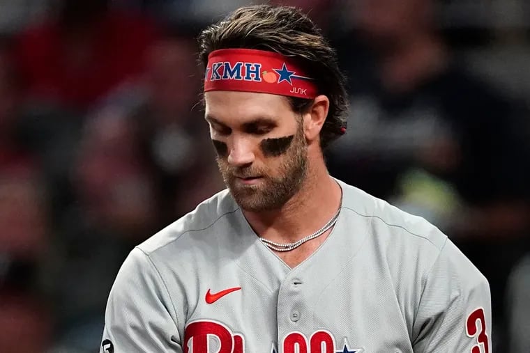 Phillies star Bryce Harper is 0-for-7 with a walk and five strikeouts in the last two games against the Braves.