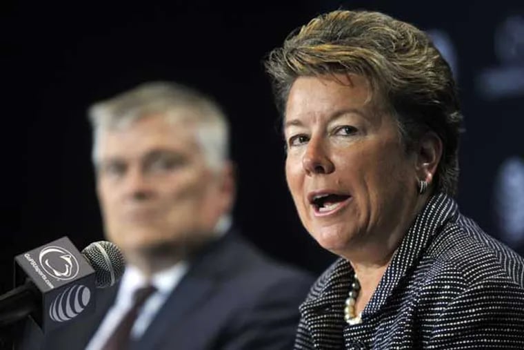 Sandy Barbour, Penn State's vice president of athletics, loves that other programs have interest in coach James Franklin. Pictured is Barbour at her introductory press conference back in July 2014. (Christopher Weddle, Centre Daily Times/AP Photo)