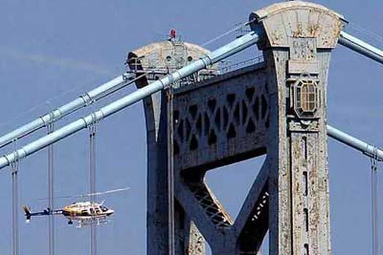 File photo of a Philadelphia Police helicopter making a pass over the Ben Franklin Bridge. (photo / John Costello)