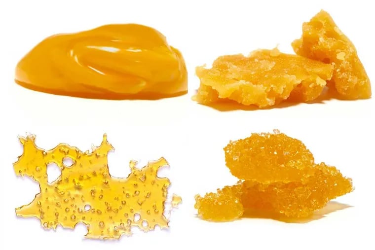 Concentrated forms of medical marijuana include (clockwise from top left) budder, wax, sugar, and shatter.