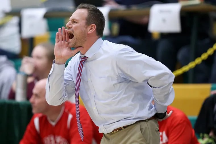 Delsea head coach Tom Freeman shouts from the sideline during the NJSIAA South Jersey Group 3 championship game against Seneca at Seneca High School in Tabernacle, N.J., on Tuesday, March 6, 2018. Delsea won 53-40.