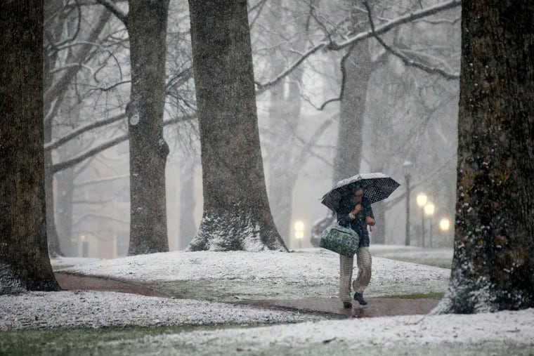 Snow falling upon the University of North Carolina-Chapel Hill campus Thursday evening. Raleigh ended up with 2.5 inches.