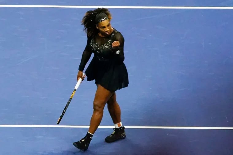 Serena Williams, of the United States, reacts after a shot against Danka Kovinic, of Montenegro, during the first round of the US Open tennis championships, Monday, Aug. 29, 2022, in New York.