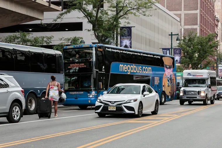 Intercity buses crammed on the 600-block of Market Street, blocking traffic and SEPTA's dedicated bus lane, and sometimes forcing passengers into a traffic lane to board.