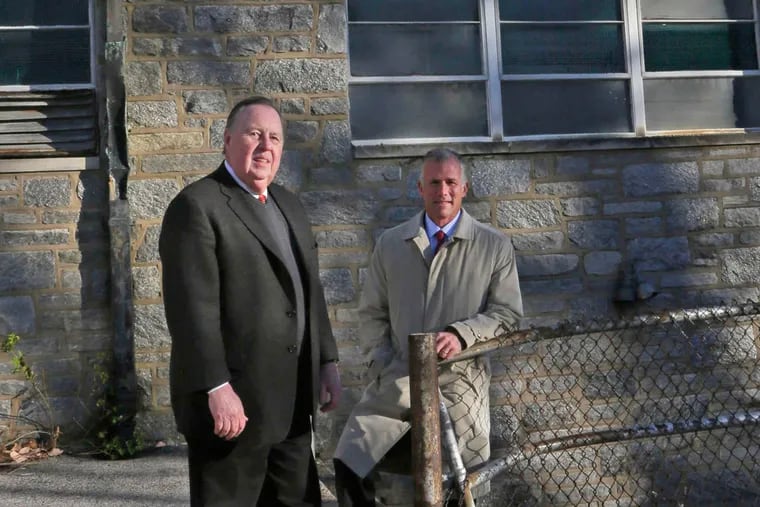 Richard Sudall (left) and James Nolen of Nolen Properties at the groundbreaking at St. Alice’s School in Upper Darby.