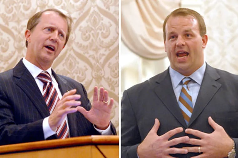 U.S. Rep. John Adler (D., N.J.), left, is now tie in a poll with  Republican challenger Jon Runyan, right. (Staff file photos).