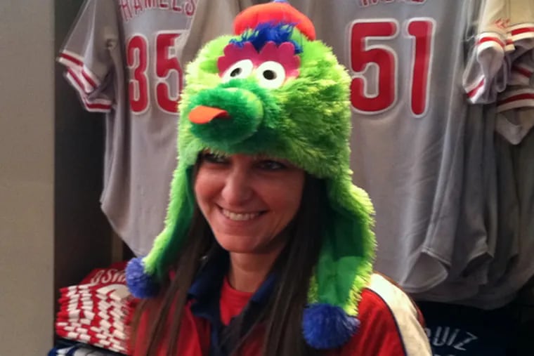 Desirae Schultze models the new Phanatic Dangle Hat at the Majestic Clubhouse Store at Citizens Bank Park. It should be available in early April.