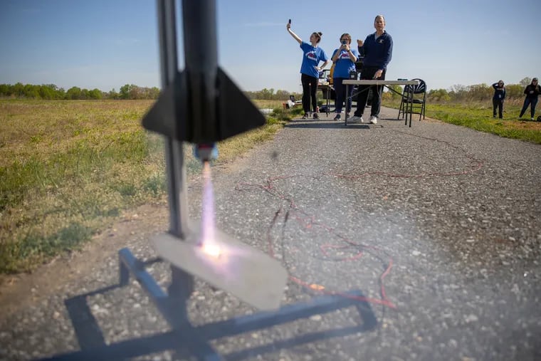 The Nazareth Academy rocketry team launches a rocket. The all-female team is headed to the finals of the American Rocketry Challenge later this month.