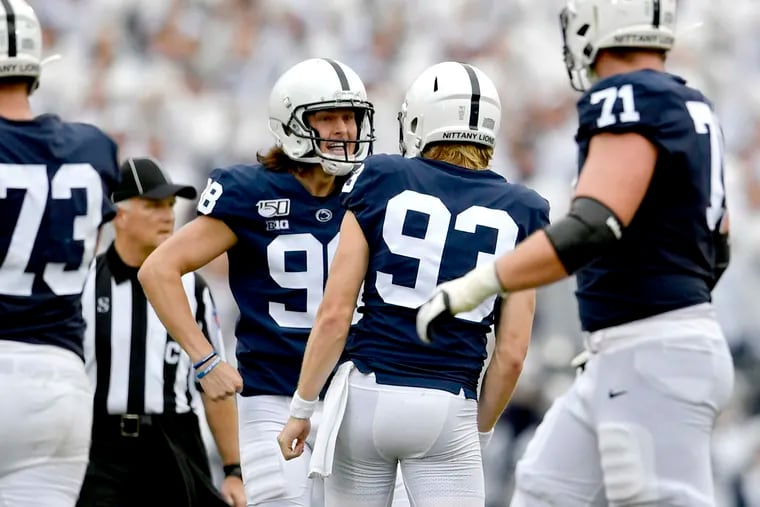 Penn State kicker Jordan Stout celebrates his field goal to tie the score 10-10 during the game against Pitt on Saturday, Sept. 14, 2019. (Abby Drey/The Centre Daily Times/TNS)
