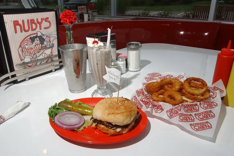 A burger, onion rings, and shake at Ruby's Diner. The chain was founded in 1982 in Southern California.