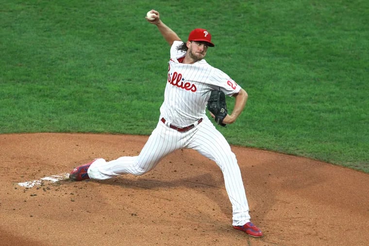 Aaron Nola struck out nine batters, walked three, and allowed just two hits in eight innings.