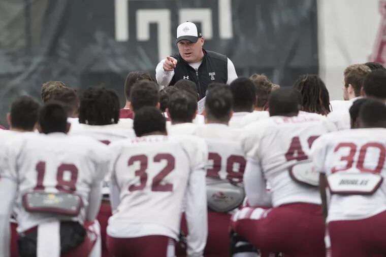 Temple coach Geoff Collins  will take a hands-off approach Saturday during the Cherry and White game. Former Owls running back Paul Palmer will coach the cherry team and former NFL lineman Brian Baldinger will coach the white team.