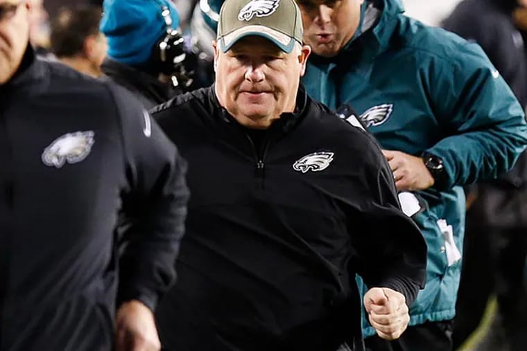 Philadelphia Eagles head coach Chip Kelly runs off the field at the end of the second half against the Seattle Seahawks at Lincoln Financial Field. (Bill Streicher/USA Today)