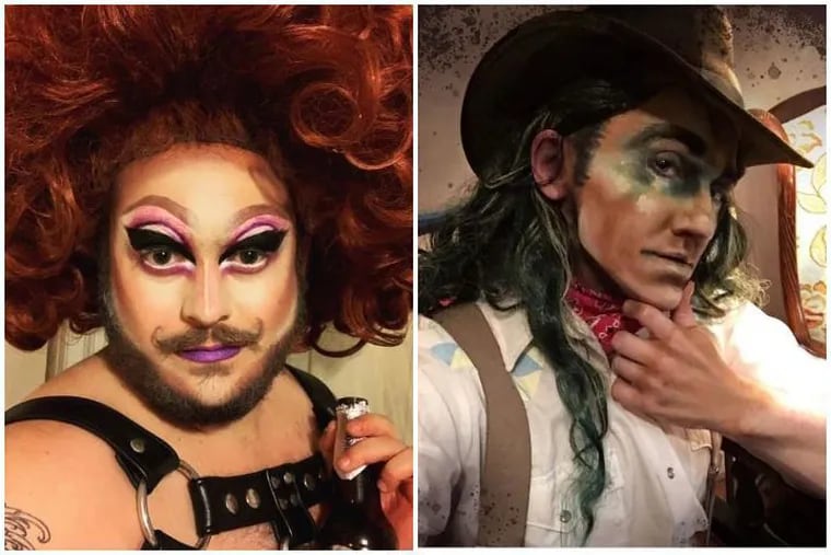 Drag queen Swan Flambe, at left, and drag king Henlo Bullfrog, at right, are among the eight artists putting on an online drag performance Wednesday night.
