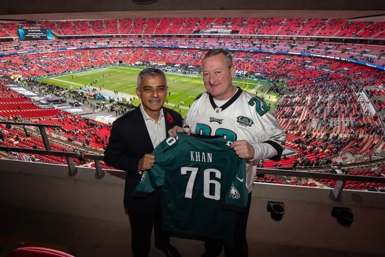 Mayor Jim Kenney met with London Mayor Sadiq Khan at the Eagles Jaguar game in London on Oct. 28, 2018.
