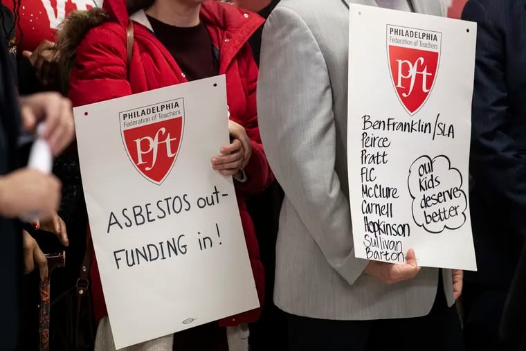 Politicians, union members, teachers and parents gathered at the Cione Recreation Center for a press conference calling on Governor Wolf to declare a state of emergency over the asbestos crisis in Philadelphia.