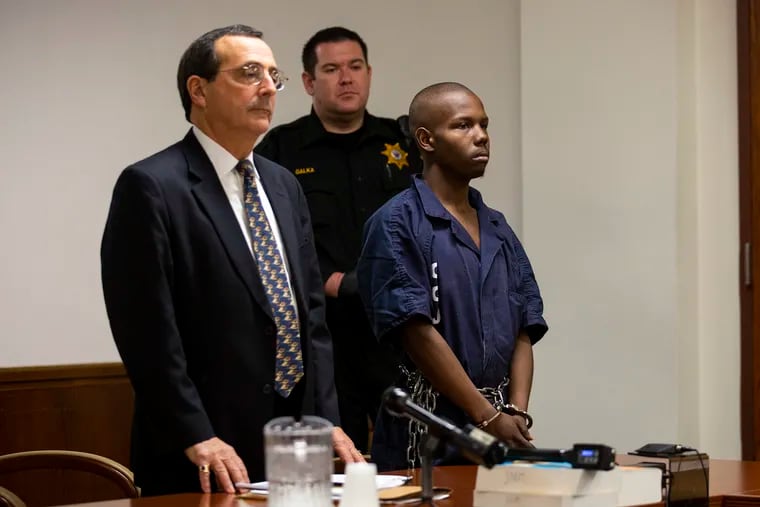 On Thursday, Jan. 9, 2020, Dyheam Williams, 18, of Lindenwold, right, who was arrested and charged with murder and weapon offenses in the fatal stabbing Jan. 3 of Shamrock Deli owner Jerome Pastore, 57, in Audubon, appears with defense attorney Brad Wertheimer, left, in Camden County Superior Court.
