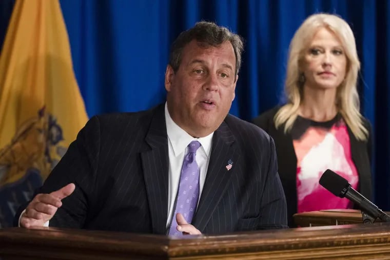 New Jersey Gov. Chris Christie, accompanied by Counselor to the President Kellyanne Conway, speaks during a news conference in Trenton, N.J., Monday, Sept. 18, 2017. Christie said pharmaceutical companies have agreed to work on nonaddictive pain medications and additional treatments to deal with opioid addiction.