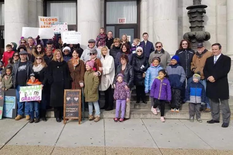 Delaware County District Attorney Katayoun Copeland joined an event recognizing grandparents who have become caregivers as a result of the heroin and opioid epidemic. The gathering was held in front of the courthouse in Media in February 2019. More than 40 cases against opioid makers are pending there.