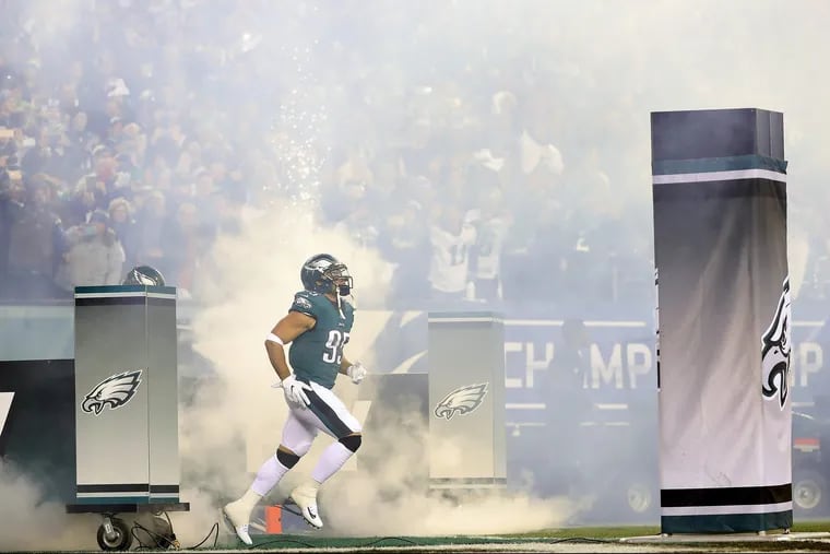 Eagles' Mychal Kendricks takes the field before the Philadelphia Eagles play the Minnesota Vikings in the NFC Championship game in Philadelphia, PA on January 21, 2018. DAVID MAIALETTI / Staff Photographer