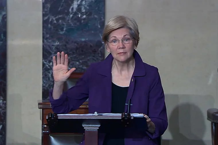 In this image from Senate Television, Sen. Elizabeth Warren (D., Mass.) speaks on the floor of the U.S. Senate in Washington on Feb. 7.