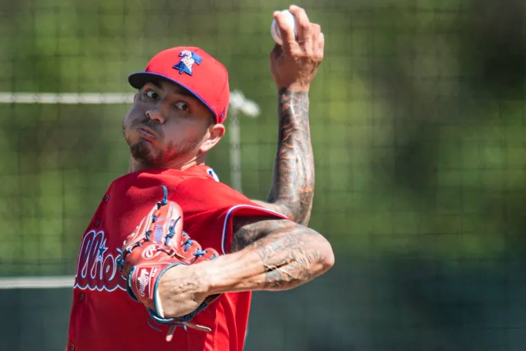 Phillies pitcher, Vince Velasquez, throws during spring training practice in Clearwater, Florida. Thursday, February 25, 2021.