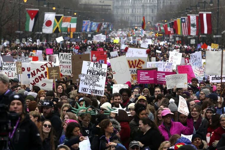Thousands of protesters fill the Benjamin Franklin Parkway as they participate in a Women’s March Saturday Jan. 21, 2017 in Philadelphia. The march is being held in solidarity with similar events taking place in Washington and around the nation.