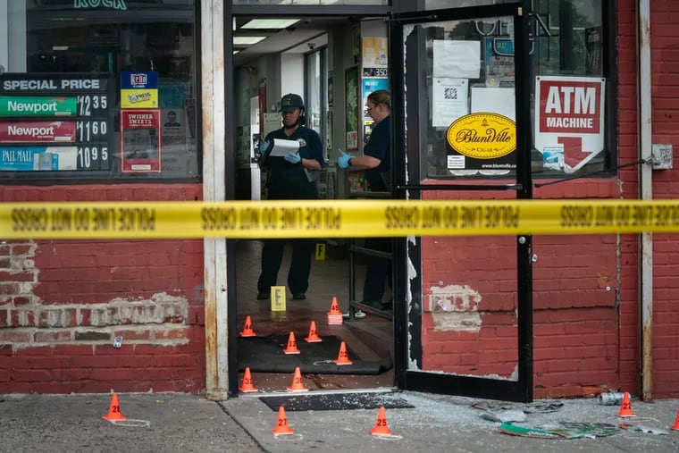 Police investigate a quintuple shooting on the 7700 block of Ogontz Ave., on July 02, 2021.
