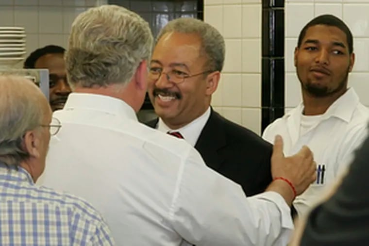 Two whom the machines failed - Bob Brady and Chaka Fattah - greet each other on Election Day. Neither Brady&#0039;s city Democratic Party nor Fattah&#0039;s own street-level organization carried the day.