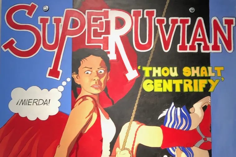 Detail from Kukuli Velarde’s painting, “Superuvian” (2005), at Taller Puertorriqueño.
