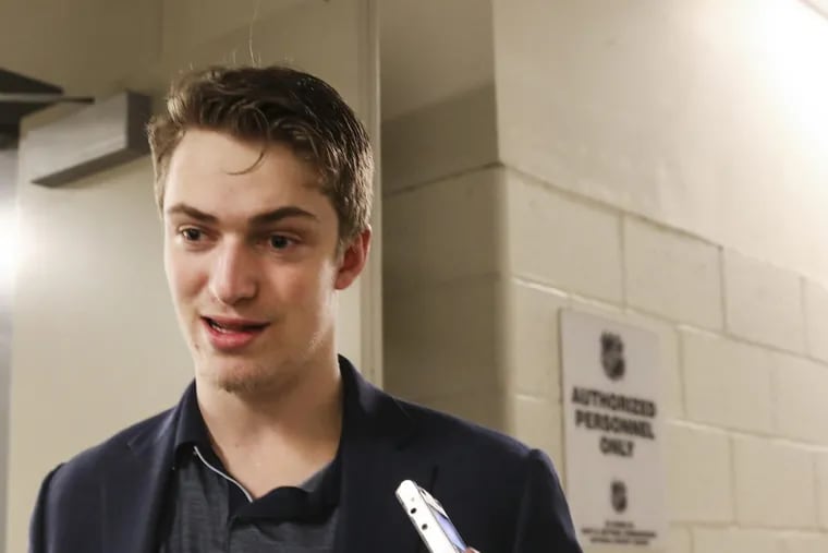 Travis Sanheim, one of many young players who helped steer the Flyers into the playoffs, talks with the media before playing the Penguins in Game 1 of the opening round on Wednesday.