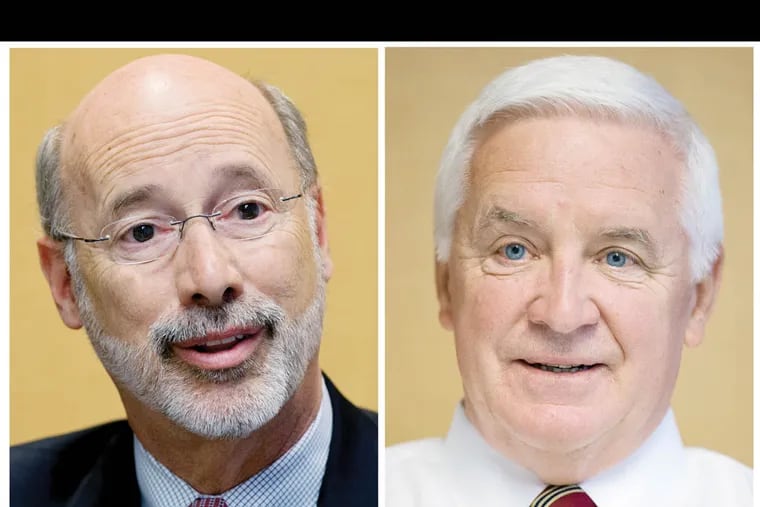 In this combination of 2014 photos Pennsylvania gubernatorial candidates Democrat Tom Wolf, left, and Republican Gov. Tom Corbett are shown in Philadelphia. (AP Photo/Matt Rourke)