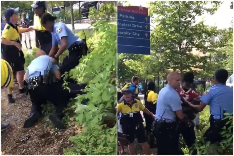 A white public safety officer and a black public safety officer at the zoo argue (left image) as Philadelphia police arrest a black youth Thursday. In the right image, police lift the handcuffed youth from the ground. Both images are screenshots of a video posted on Facebook.