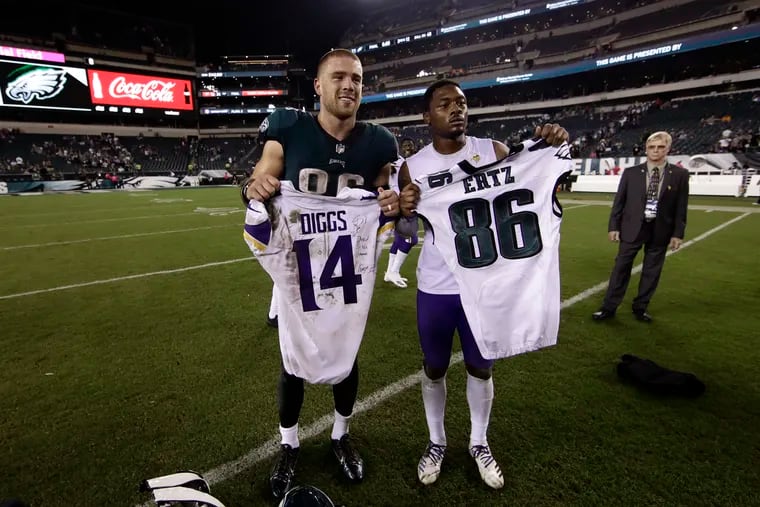 Stefon Diggs (right) had his contract restructured, which could pave the way for Zach Ertz (left) to be traded to Buffalo.