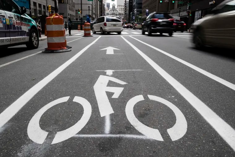 A bicycle lane along Market Street in Philadelphia in June 2018.