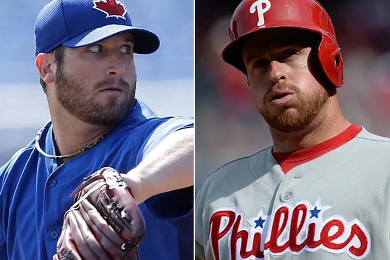 The Phillies traded catcher Erik Kratz (right) and left-handed pitcher Rob Rasmussen (not pictured) to the Blue Jays for right-handed pitcher Brad Lincoln (left). (AP file photos)