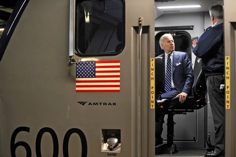 Joe Biden, then vice president, sitting at the controls inside Amtrak's "Cities Sprinter" locomotive February 6, 2014. Now that his campaign has announced its headquarters will be in Philadelphia, could he become SEPTA's newest commuter?