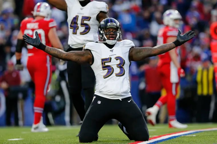 Ravens defensive end Jihad Ward, a Bok Tech graduate, celebrates in the second half against the Bills in 2019.