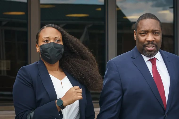 Dawn Chavous and Kenyatta Johnson leaving the James A. Byrne U.S. District Courthouse in Philadelphia on Friday.
