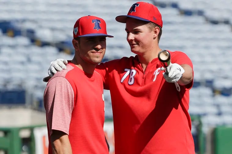 Phillies former first-round picks Mickey Moniak, right, and Adam Haseley aren't in consideration to be the opening-day left fielder or center fielder. It's possible, perhaps even likely, that at least one will be traded.