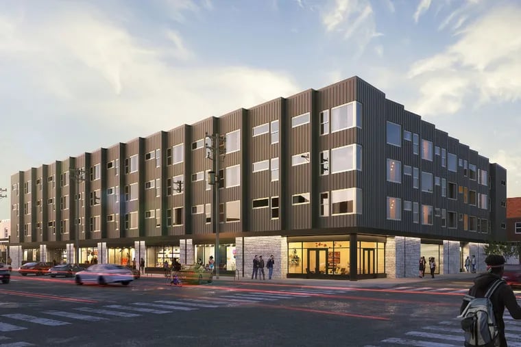 A rendering of the apartment building planned for 2525 E. York St., looking northwest, on the site of the former Philadelphia Beer Co.