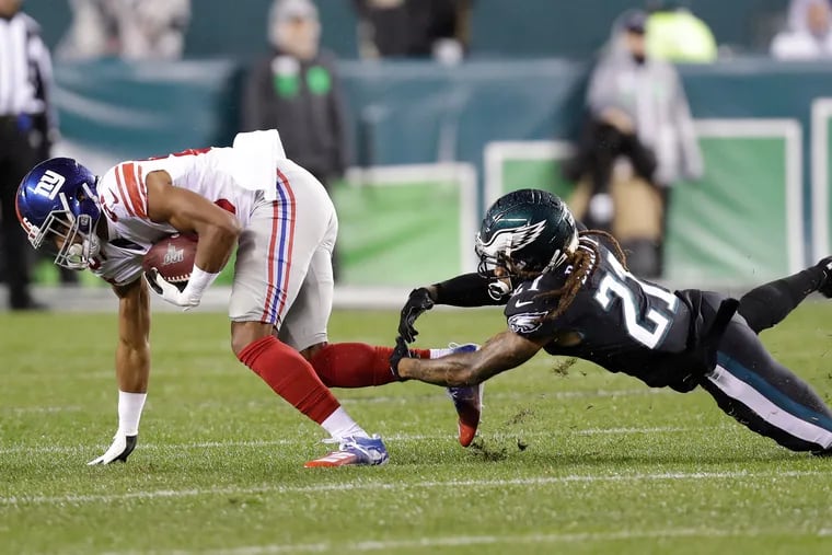 Eagles cornerback Ronald Darby misses a tackle on New York Giants wide receiver Darius Slayton on Monday. Slayton scored a touchdown on the play.