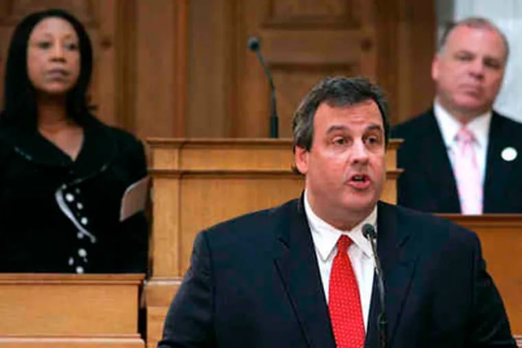 Gov. Christie addressing a joint session of the Legislature on property taxes earlier this year. Behind him are Assembly Speaker Sheila Oliver and Senate President Stephen Sweeney. (THOMAS P. COSTELLO / Asbury Park Press)