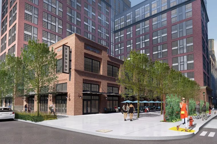 Artist's rendering of 368-unit apartment complex planned at what's now a parking lot at Broad and Noble Streets, near the Rail Park entrance.