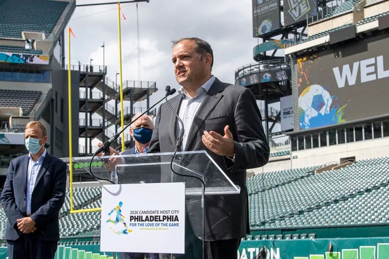 Concacaf president and FIFA vice president Victor Montagliani speaking at a news conference Wednesday at Lincoln Financial Field as a FIFA delegation toured the stadium and the city.