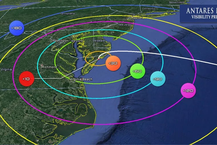 Circles indicate seconds after launch that rocket will be visible. Launch is scheduled for 9:59 a.m. Saturday.