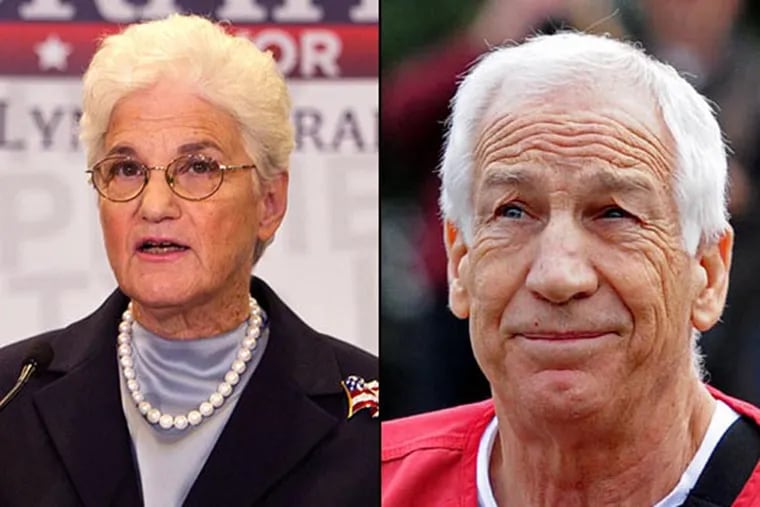 Lynne Abraham, former Philly D.A. and a candidate for mayor; former Penn State coach and convicted pedophile Jerry Sandusky. (File photos)