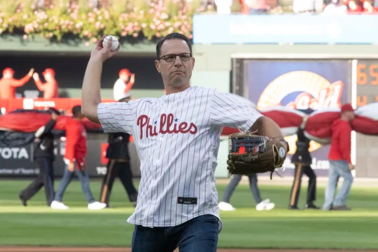 Gov. Josh Shapiro throws the first pitch during Game 3 of the National League Division Series at Citizens Bank Park in October.