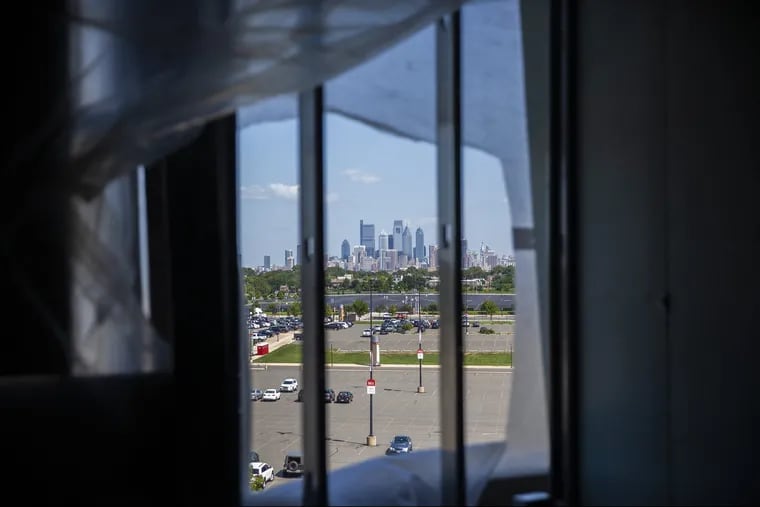 A view of the Philadelphia skyline is seen from inside the Wells Fargo Center on Thursday, Aug. 23, 2018. Renovations inside the arena will include glass windows for views of the skyline.